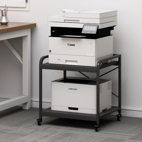 Fannova 2 Tier Under Desk Printer Stand with Storage, 20 Inches Deep Large Printer Table with Height Adjustable Shelf, Rolling Printer Cart with Wheels for Home Office - Black by Fannova