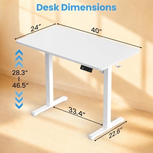 Electric Standing Desk, 40" x 24" Adjustable Height Sit Stand Desk, Small Space Workstation, Compact Computer Desk for Home Office, Stable Steel Frame (White) - Image 3