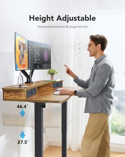 HUANUO 60″ x 30″ Electric Standing Desk with 2 Drawers, C-Clamp Mount Compatible, Height Adjustable Computer Desk, Home Office Stand Up Desk with 4 Preset Heights & 2 Hooks, Vintage Brown - Image 6