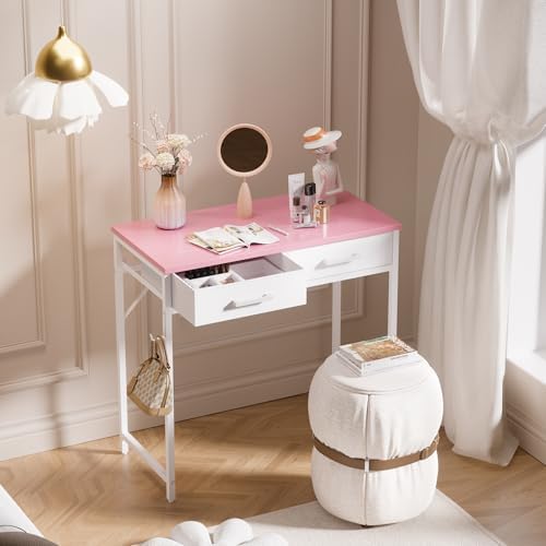 Pamray 32 Inch Small Computer Desk with 2 Drawers for Bedroom Study Writing Home Office Table for Small Spaces Pink - Image 2