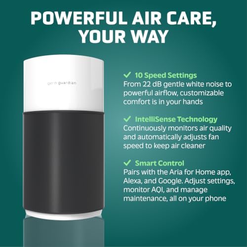 GermGuardian AirSafe+ XL Smart Air Purifier for Bedroom and Home - UV-C - WiFi and App Enabled - 360-Degree True HEPA Filter - Filters Pet Dander, Dust, Smoke - AQI Monitor - AC3250 - Black and White - Image 5