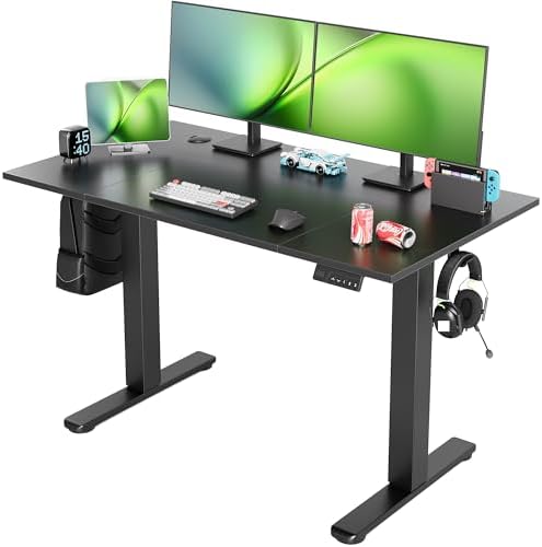 Seang Electric Standing Desk Adjustable Height, 48 x 24 Inch Sit Stand Desk with T-Shaped Frame, 3 Memory Presets & Cable Management for Home Office Computer Workstation, Black Frame/Black Top by Seang