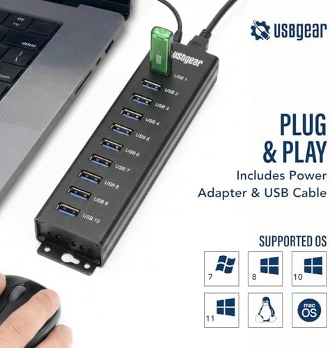 USBGear 10-Port USB Hub 3.2 Gen 1 – Mountable SuperSpeed Data Hub with USB Ports for Laptop, PC, Desktop, and More, 5V/4A Power Adapter with Type-A to Type-B Cable (3ft), Computer Accessories - Image 2