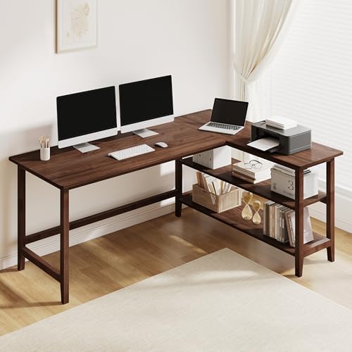 IOTXY 63" Reversible L-Shaped Office Desk with Storage Shelves, Walnut by IOTXY