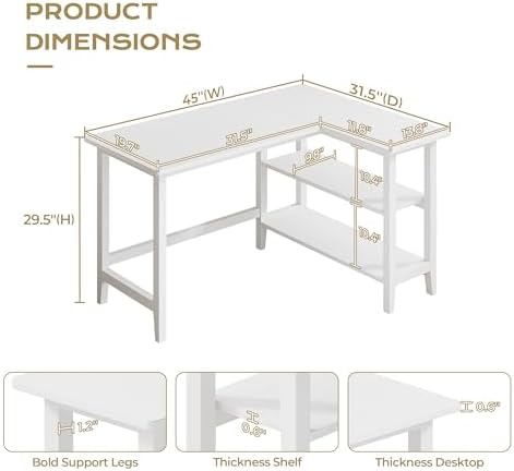 IOTXY 45" Reversible L-Shaped Office Desk with Storage Shelves, White - Image 2