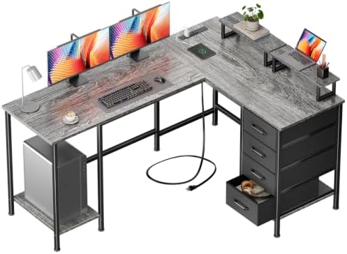 Korfile 59 inch L Shaped Computer Desk with Power Outlets, Home Office Desk with 4 Adjustable Storage Drawers & 2 Monitor Stands, Two Person Gaming Table for Bedroom, Grey by Korfile