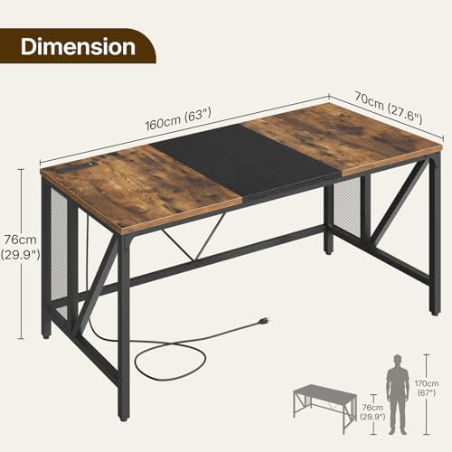 YATINEY 63" Computer Desk with Power Outlets, Gaming Desk, Large Office Executive Desk Workstation, Business Furniture for Home Office, Study, Rustic Brown and Black DN16UBR - Image 3