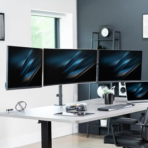 VIVO Premium Triple Monitor Desk Mount for 3 Screens up to 22 lbs, Fits up to 38 inch Ultrawides on Center Bracket, Adjustable Telescoping Arms, Flush Wall Setup, Black, STAND-TS03C - Image 2