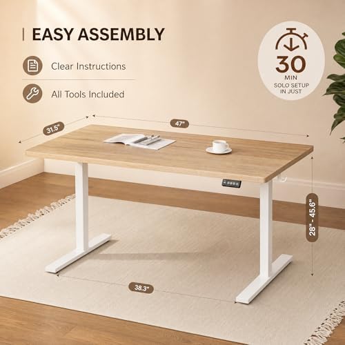 Grandder 47x32 Large Electric Standing Desk, Height Adjustable Computer Desk with 2 Memory Presets, 31.5" Deep Desktop Sit Stand Desk Home Office Desk Workstation Table with Hooks, Maple - Image 3