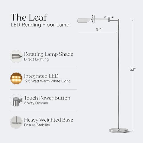 Brightech Leaf Pharmacy LED Reading Lamp, Dimmable Floor Lamp with Easy Adjustable Rotation Over Chair or Desk for Living Room, Work Light for Office, Modern Minimalist Home Decor - Platinum Silver - Image 3