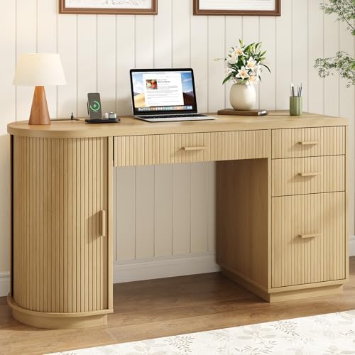 ONBRILL 58 Inch Fluted Executive Desk, Computer Desk with Storage Drawers & File Drawer, Modern Home Office Desk with Charging Station for Working, Studying, Writing, Oak - Image 3