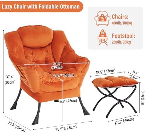 Furlide Lazy Chair with Ottoman, Velvet Reading Chair for Bedroom，Orange - Image 2