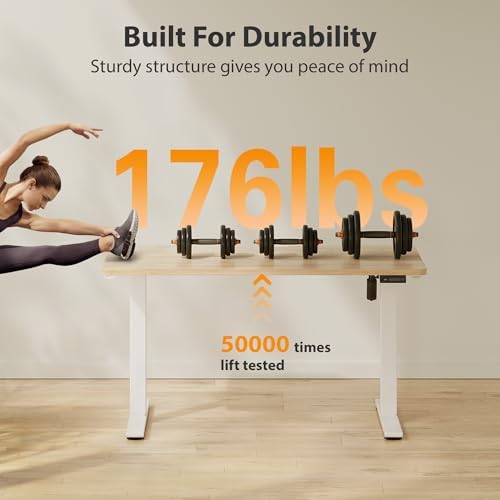 Cubiker Standing Desk, 55x24 Inches Sit Stand Home Office Desk, Electric Stand up Desk, Adjustable Desk with Splice Board, White Frame/Maple Top - Image 5