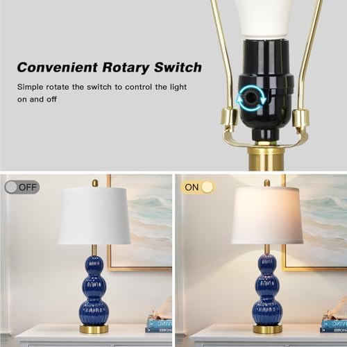 28" Navy Blue Table Lamps Set of 2 for Living Room, Modern Ceramic Bedside Lamps for Bedroom, Ribbed Gourd Table Lamps for Nightstand (2 LED Bulbs Included) - Image 5