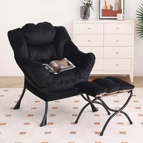 Furlide Lazy Chair with Ottoman, Comfy Velvet Reading Chair for Bedroom，Black by Furlide
