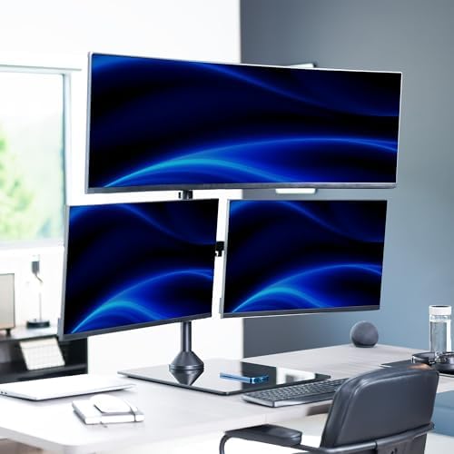 VIVO Triple Monitor Extra Tall Desk Stand for up to 49 inch Ultrawides on Center Bracket and 27 inch Screens on Side Brackets, Holds up to 44 lbs, Tempered Glass Base, Black, STAND-V103T-GB - Image 2