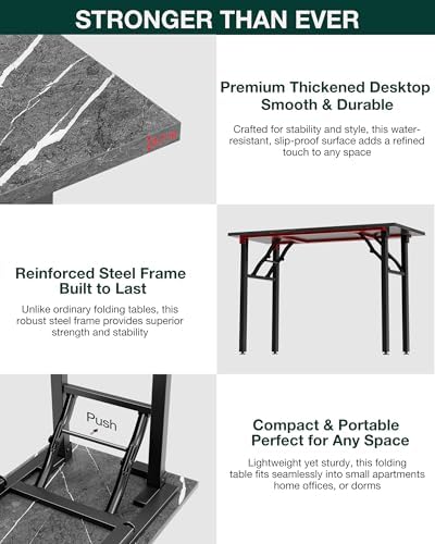 Frylr Small Folding Computer Desk – 43.3 Inch Portable Table for Craft and Study, Lightweight Desk for Small Spaces, Foldable Laptop Table Built-in AC/USB Outlets for Convenience, Marble Greige - Image 5