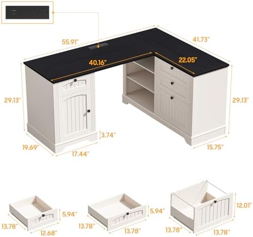 Farmhouse L Shaped Desk with Drawers, Corner Computer Desk for Home Office - Image 2