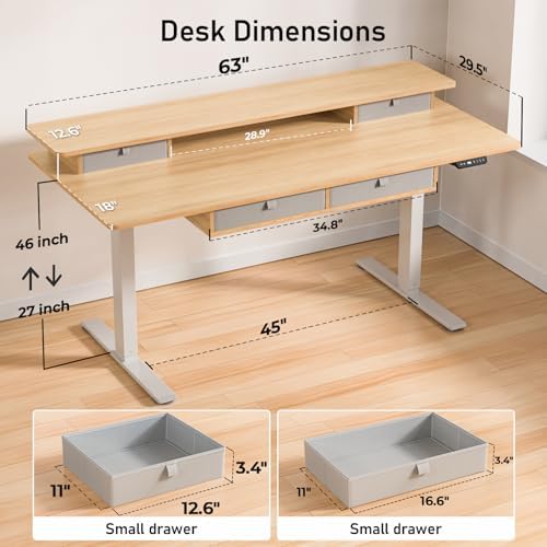 63 x 30 Inch Electric Standing Desk with 4 Drawers, Natural - Image 3