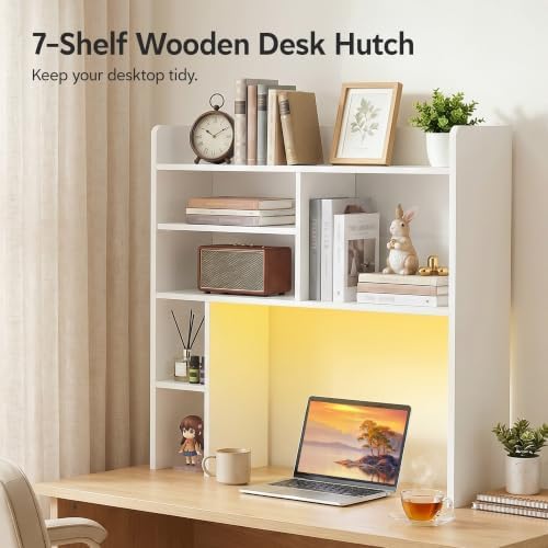 OFCASA Desktop Bookshelf with LED Lights, Countertop Storage Hutch with 7 Shelves for Computer Desk, 35.4'' 3-Tier Display Rack, Wooden Desk Hutch Storage Organizer for Home Office Dorm, White - Image 3