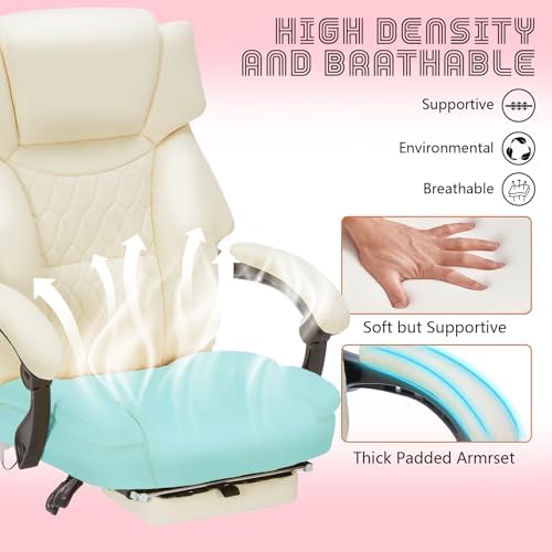 Massage Office Chair with Foot Rest 6 Points Vibration and Heat Home Office Desk Chairs for Heavy People 400lbs Reclining Managerial Chairs Ergonomic Executive Chair (Cream) - Image 5