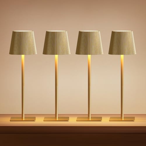 LUTEC 4 Pack Cordless Table Lamp,6000mAh Rechargeable Battery Operated Desk Lamp,Two Adjustable Heights,Waterproof, Touch Control & 3 Color Stepless Dimming for Restaurant/Bedroom/Bars/Outdoor (Gold) by LUTEC