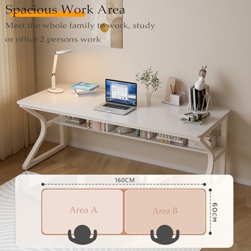 OSCHF 63-Inch Extra Long Desk with Storage Shelf, Warm White - Image 3