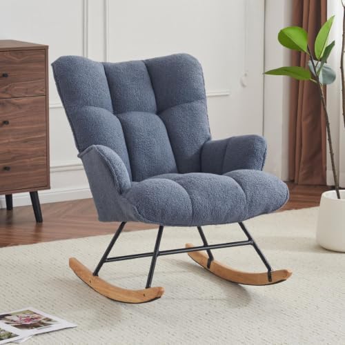 SAETSFEG Rocking Chair Nursery Teddy Upholstered Glider Rocker Rocking Accent Chair Padded Seat with High Backrest Armchair Comfy Side Chair for Living Room Bedroom Offices (Darkblue Teddy) by SAETSFEG