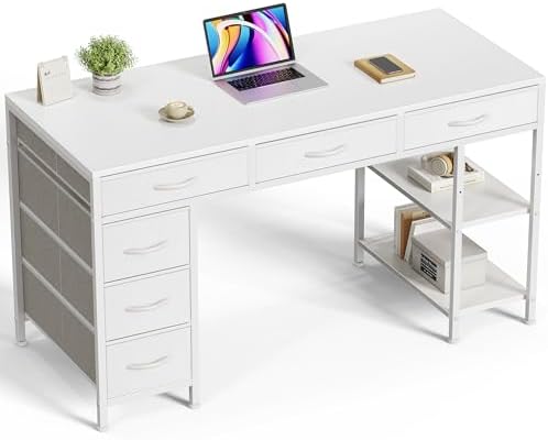 Huuger Computer Desk with 6 Drawers, Office Desk with Shelves, Reversible Gaming Desk, Corner Desk with Storage, Work for Home Office, Study, Living Room, 47inch, White by Huuger