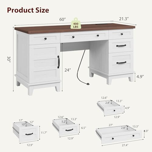GarveeHome Executive Desk with File Drawers, Farmhouse Home Office Desk with Charging Station, 60 in Wooden Computer Desk with Cabinet Storage for Work Study Writing, White Walunt - Image 2