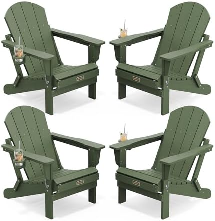 SERWALL Folding Adirondack Chairs Set of 4,Patio Chair with Cup Holder-Army by SERWALL