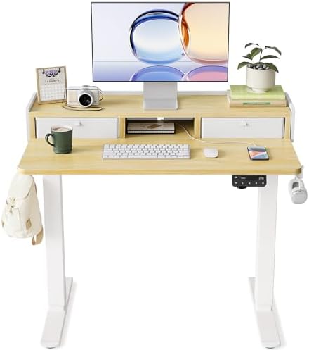 YIHAYO Electric Standing Desk with Drawers, 40 x 24 Inches Adjustable Desk with Storage Shelf, Stand Up Desk with Splice Board, Computer Table for Home Office, White Frame/Natural Top by YIHAYO