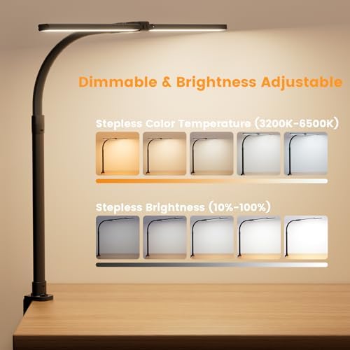 LED Desk Lamp for Home Office, 24W Computer Desk Light with Remote Control, Bright Table Lamp with Clamp Dimmable Tall Desktop Lighting with Bendable Gooseneck, Double Head, Black - Image 3