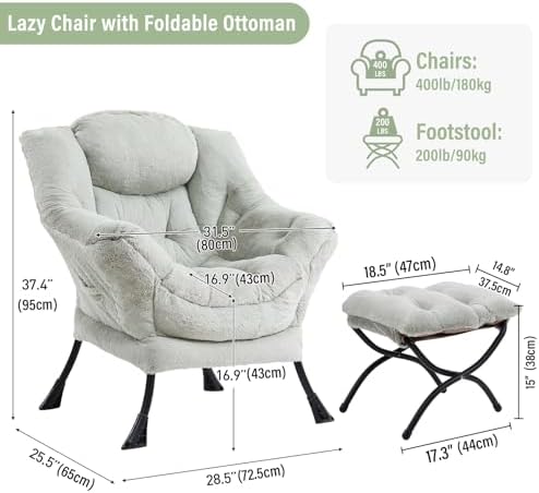 Furlide Lazy Chair with Ottoman, Plush Reading Chair for Bedroom，Green - Image 2