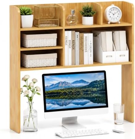 POWERSTONE 37" Desk Hutch with 6 Shelves, Desktop Bookshelf Burlywood by POWERSTONE%C2%AE