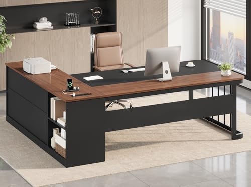 UPOSOJA 71" Executive Desk, Large Office Desk with Drawers & Storage Shelves, Modern L Shaped Computer Desk Corner Desk with Power Outlets, File Cabinet, Business Furniture Desk Workstation (Walnut) by UPOSOJAWishesYouaNiceDay