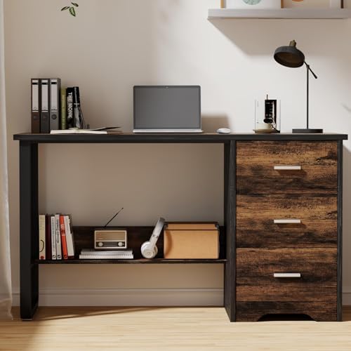 MaverickFurni 47 Inch Computer Desk with 3 Drawers and Shelves, Brown - Image 4