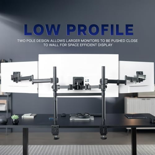 VIVO Clamp-on Dual Pole Triple Monitor Desk Mount for 1 Center Utrawide up to 49 inches and 59.4 lbs, 2 Side Screens up to 38 inches and 17.6 lbs, Low Profile Adjustable Stand, Black, STAND-V300CU - Image 5