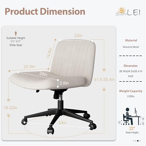 SUNLEI Cross Legged Office Chair with Wheels, Armless Wide Chair's for Vanity Desk, Criss Cross Comfy Chairs with Back, Desk Chair/s of Height Adjustable Swivel, White - Image 3