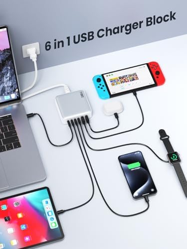 USB C Charger Block 200W[2025 Upgraded] GaN III 6 Port Fast Charging Station Hub,PD 65W USB C Laptop Charger Compatible with MacBook Pro/Air,iPad,iPhone 16/15,Galaxy S23/S24 Steam Deck Dell XPS etc - Image 5