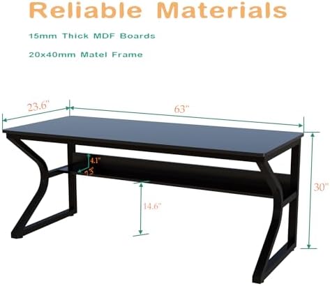 OSCHF 63-Inch Extra Long Desk with Storage Shelf, Black - Image 2