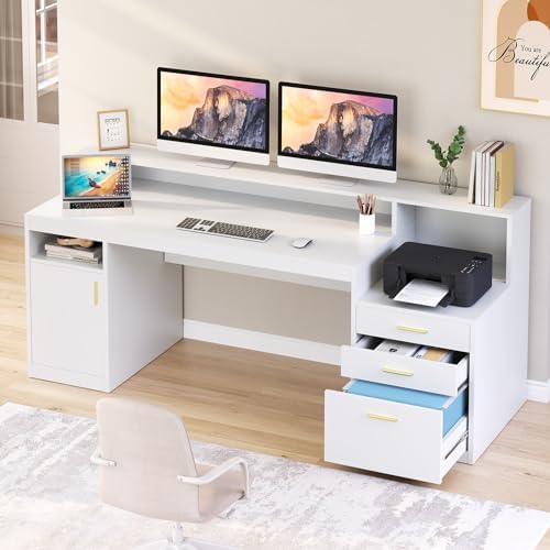 65" White Computer Desk with 3 Drawers & Printer Shelf for Home Office by YomiluveDesign