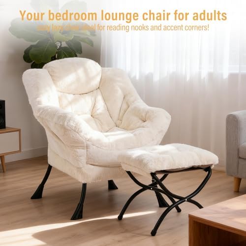 Furlide Lazy Chair with Ottoman, Comfy Plush Reading Chair for Bedroom，Beige - Image 3