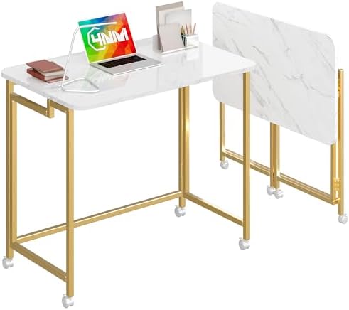 4NM 27.5" Mobile Small Rolling Computer Desk, Folding Laptop Cart Table with Wheels, Portable Office Desk for Small Space Couch Bed - White and Golden by 4NM