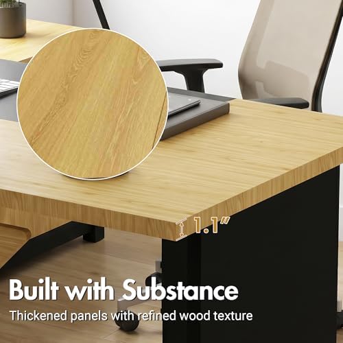 74.4" L-Shaped Executive Desk, Large Office Desk, Black + Light Wood - Image 6