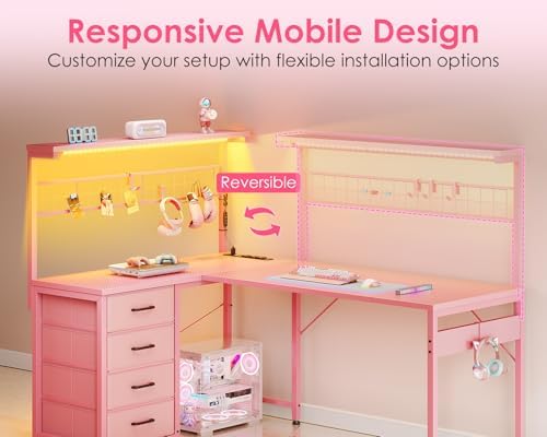 MOTPK 51" L Shaped Gaming Desk with Shelf & 4 Drawers, Carbon Fiber Pink - Image 6