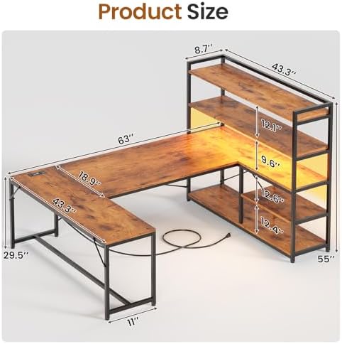 SEDETA L Shaped Desk with Storage Shelves, 63” Reversible U Shaped Office Desk, Gaming Desk with Power Outlet and LED Lights for Home Office, Rustic Brown - Image 2