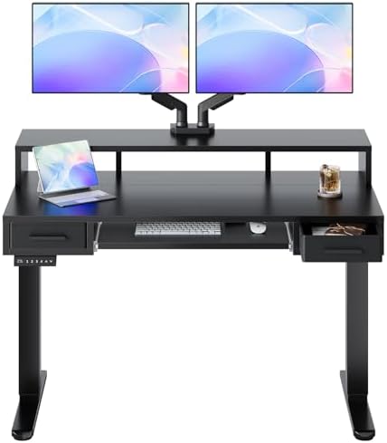 HUANUO 48″ X 26″ Electric Standing Desk with 2 Drawers &24.4″ Large Keyboard Tray, C-Clamp Mount Compatible, Adjustable Computer Desk for Office, Sit Stand Up Desk with 4 Height Presets, Black by HUANUO