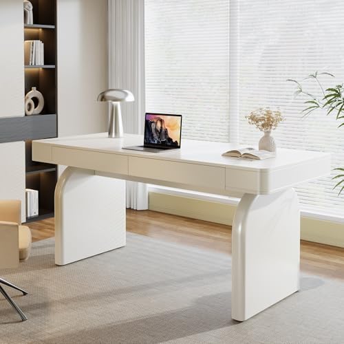 Tribesigns White Desk with Drawers, 63-Inch Modern Executive Office Desk, Glossy Elegant Work Study Writing Table for Home Office, Cream White by Tribesigns