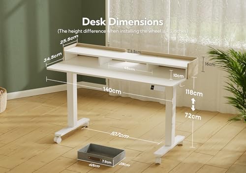 Claiks Standing Desk with Drawers & Wheels, 2 Height Shelf 55inch White - Image 3